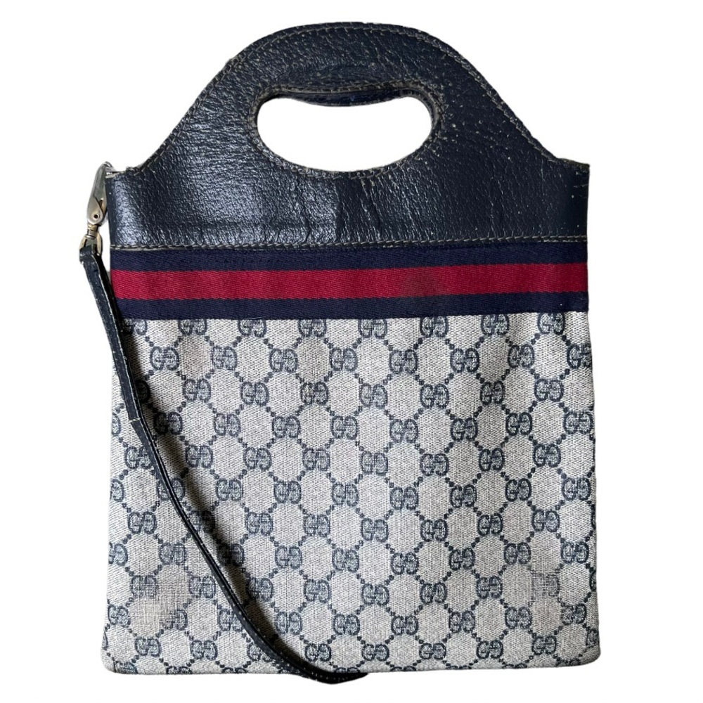 Gucci • RARE Vintage GG Web Monogram Navy PVC Leather Purse Tote Bag Handbag - Picture 2 of 16